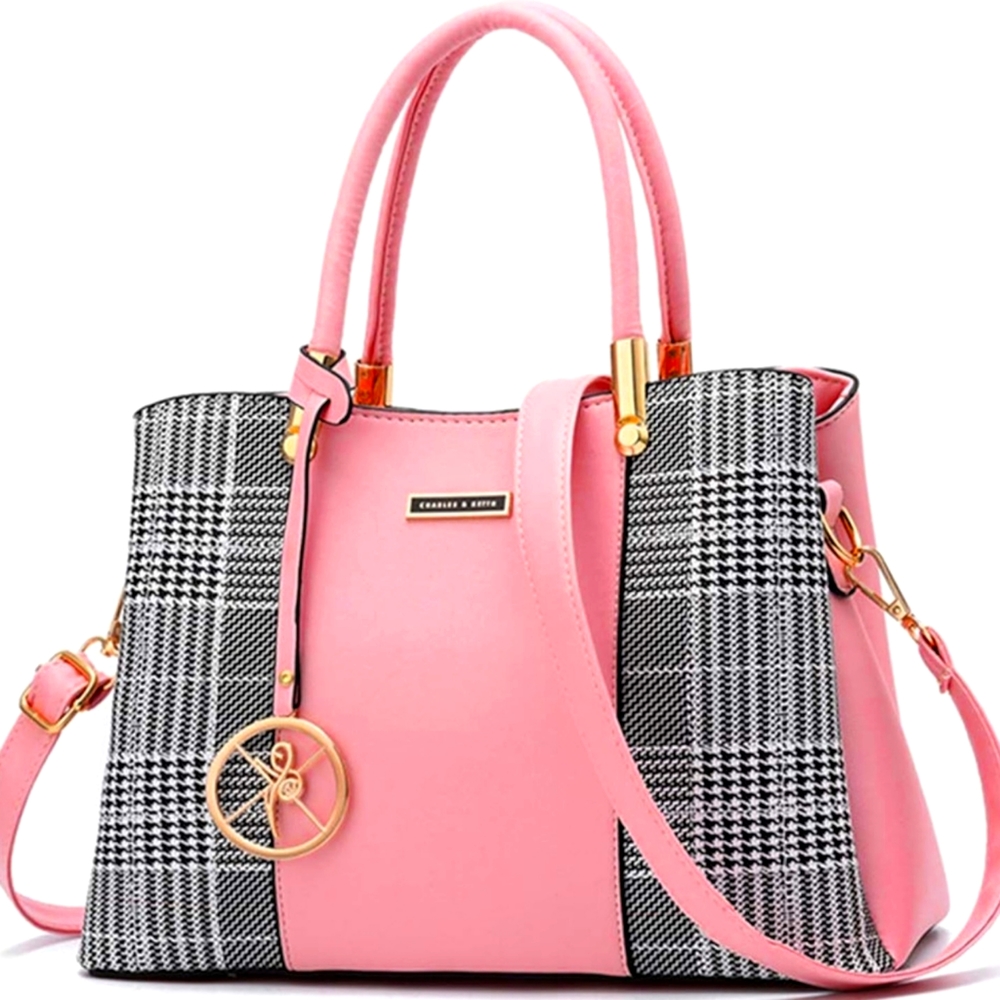 NWT!! Women's Fashion Pink and Black Plaid Designer Crossbody Shoulder Handbag